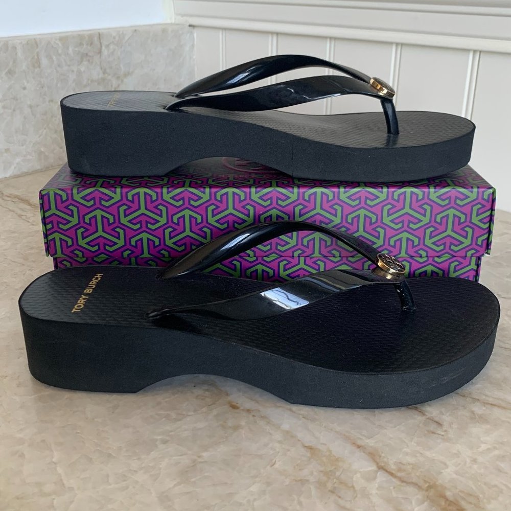 NEW TORY BURCH Black Wedge Flip Flops Size 8